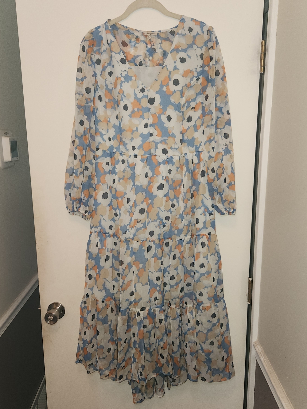 Joie Light Blue Floral Tiered Maxi Dress with Cream and Tan Accents M